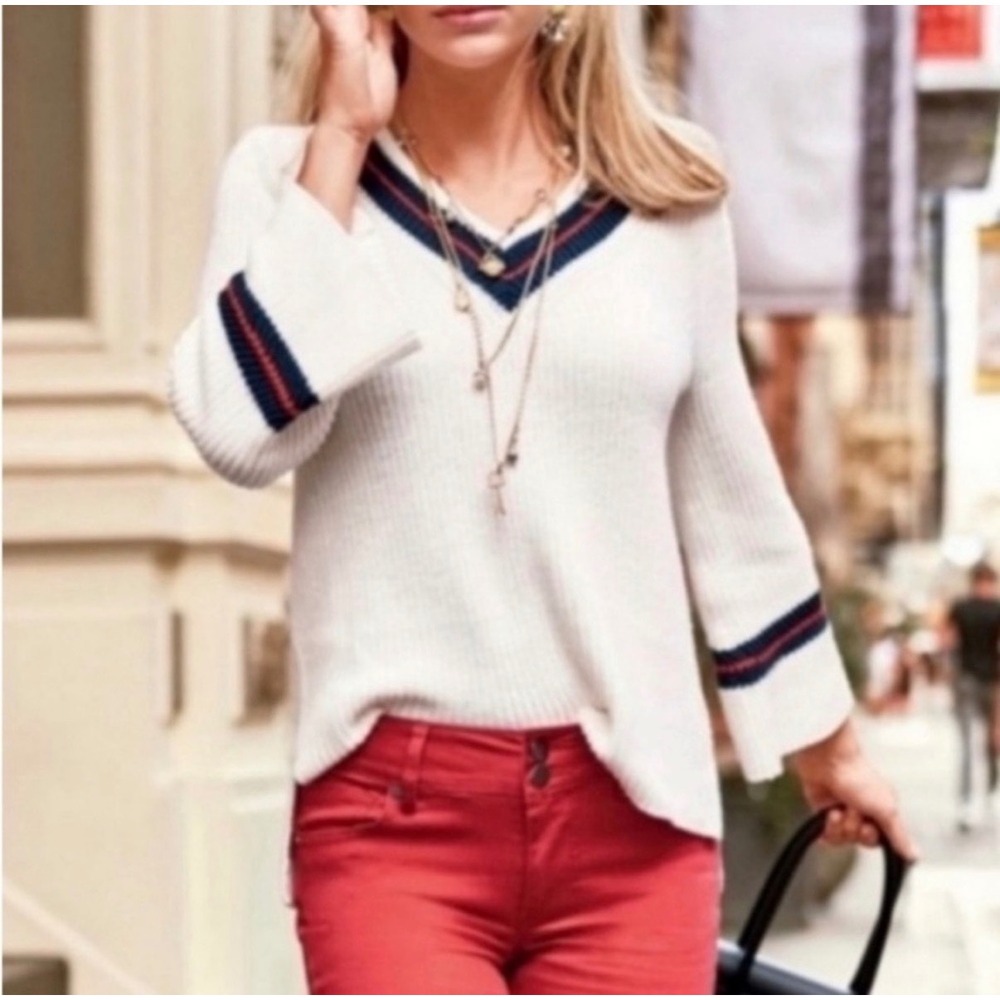 Cabi Ace hite Shaker Stitch V-Neck Pullover Sweater Striped Trim 5639 Small - Picture 3 of 10